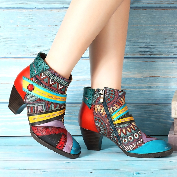 New! SOCOFY Ankle Booties Retro Patchwork Tapestry Splicing Pattern - Picture 1 of 11